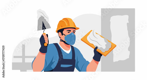 Construction worker painting wall with spatula, construction worker applies plaster to wall, wearing helmet and mask. Construction worker smoothing wall for finishing,
