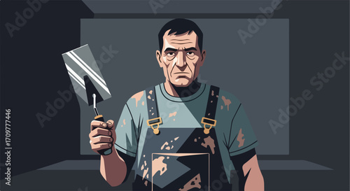 Construction worker with trowel wearing dirty overalls stands in dim room. Construction worker is a handyman holding his metal tool.