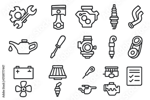 Automotive parts linear icon set. featuring wrench, piston, engine, spark plug, filter, and battery symbols