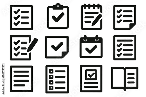 Task management silhouette icon set. featuring checklist, clipboard, calendar, notes, and diary symbols