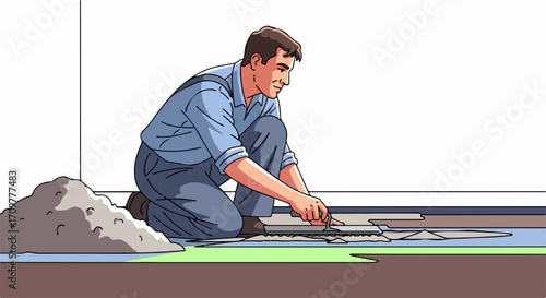 Worker tiling floor with new tiles skillfully, focusing on tiling floor installation. Skilled worker spreads adhesive before meticulously positioning each tile.