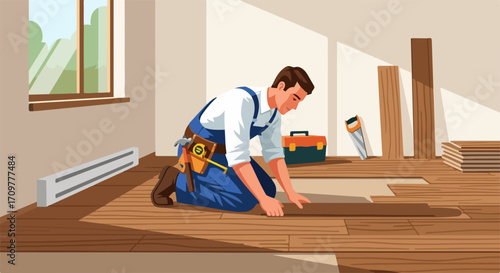 Professional floor installation with craftsman laying hardwood planks in room for home improvement. Floor installation creates functional space with careful craftsmanship and attention to detail.