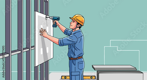 Construction worker installing drywall with power drill on building site, drywall installation is important. Professional performs drywall installation safely,