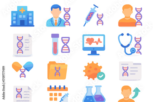 Medical and healthcare linear icon set. featuring doctor, dna, vaccine, stethoscope, laboratory, hospital, and report symbols