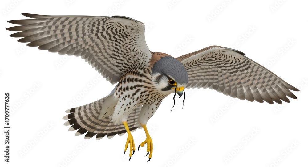 Fototapeta premium Isolated American Kestrel in Flight with Wings Spread, Bird of Prey in Hunting Mode