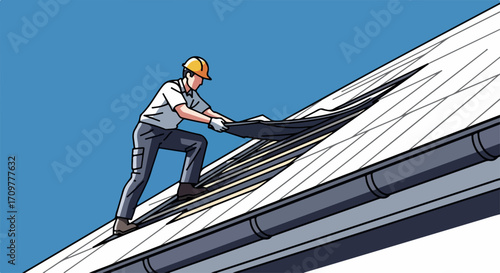 Roofer illustration showing construction worker repairing roof with felt underlayment. Roofer illustration showcases construction worker in uniform,