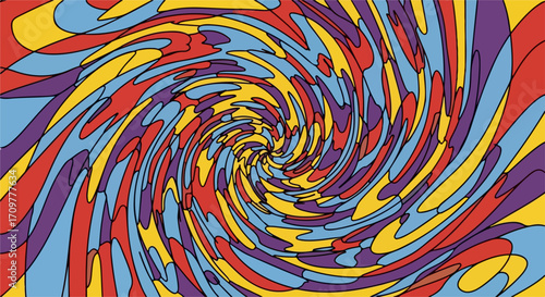 Abstract swirl pattern shows an explosion of color, with red, yellow, blue, and purple converging. Abstract swirl design in vibrant hues creates dynamic effect, evoking retro style.