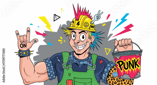 Punk builder with mohawk, wearing hard hat and overalls, holding paint bucket, smiles. Punk builder celebrates his individuality and rebellious character through colorful and alternative looks,