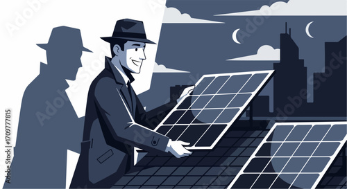 Solar panel install by man in fedora hat on city rooftop. Worker places energy panels, contrasting day and night for efficient solar panel install. Concept solar panel install for sustainable power,