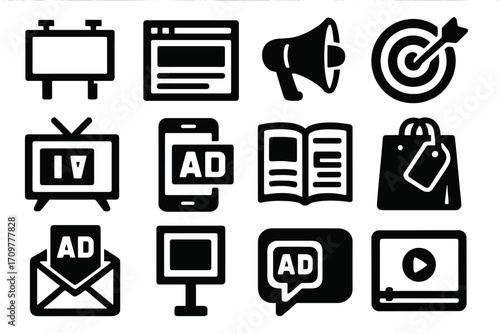 Advertising and marketing silhouette icon set. featuring tv, mobile, magazine, bag, email, and video symbols