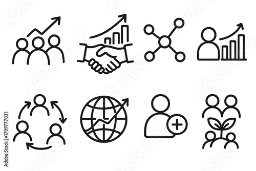 Business growth linear icon set. featuring team, handshake, bar chart, network, success, global, and partnership symbols