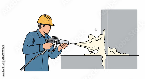 Worker applying sealant with sprayer, worker applying sealant to fill gaps with foam, construction scene. Worker applying sealant for insulation, using spray foam to fill in cracks.