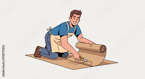 Man installing carpet with cutter knife, smoothing roll on the floor. Installing carpet carefully takes precision and hard work for best results.