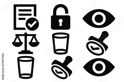Legal and security silhouette icon set. featuring document, lock, eye, scale, checkmark, and stamp symbols