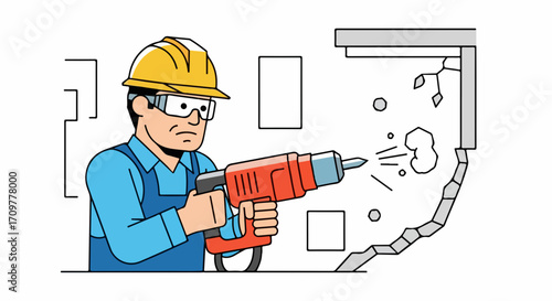 Man operating demolition hammer with caution. Demolition hammer work requires precision. Man in safety glasses holds a demolition hammer carefully to break wall, showing focus and responsibility.