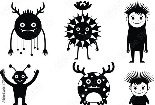 Cute Halloween Monsters and Happy Kids Vector Collection – Funny Cartoon Character Silhouettes for Stickers, Posters, Party, and Children’s Projects