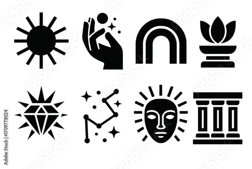Spiritual silhouette icon set. featuring sun, hand, rainbow, lotus, star, constellation, face, temple