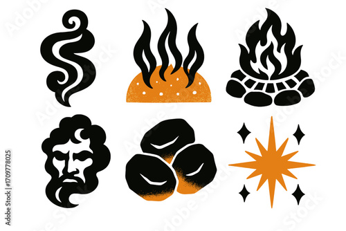 Mythical elements silhouette icon set. featuring smoke, flame, fire, deity, coal, and star symbols
