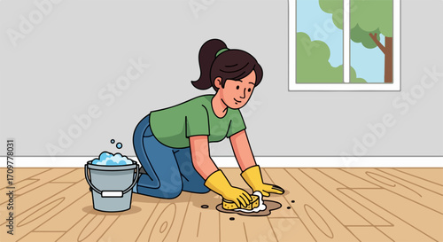 Woman cleaning spills with rag on hardwood floors. Cleaning spills can be challenging, but it is necessary to maintain floors and prevent lasting damage.