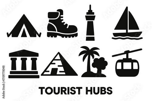 Tourism silhouette icon set. featuring tent, boot, tower, sailboat, temple, pyramid, palm, cable car