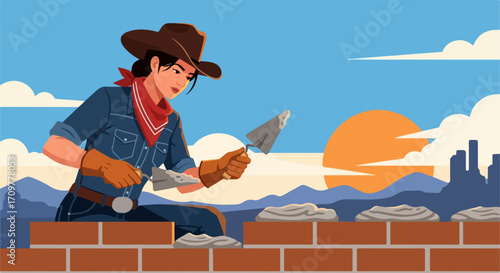 Cowboy builder lays bricks on desert construction site against cloudy sky. Cowboy builder works diligently, applying mortar with her trowel to build brick wall.