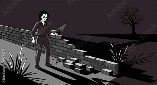 Building a wall, person lays bricks, constructing barrier in night landscape. Process building a wall is depicted in this illustration with bricks in shadow and dark tree in background.