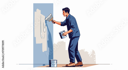 Man plastering wall shown indoors, professional plastering wall with plaster for home renovation. Skilled tradesman plastering wall surface, smoothing it with spatula, and improving construction.