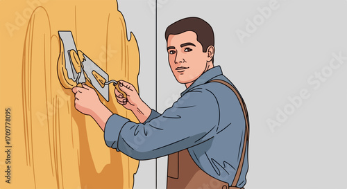 Man applying stucco to wall with finishing trowel, surface finishing is important element in home renovation. Stucco application is done by professional for home renovation project,