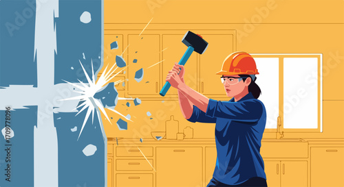 Woman demolishing wall with sledgehammer. Person destroying wall with a large hammer wearing hardhat and safety glasses, demolishing wall, a challenging task in interior renovation.