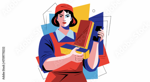 Woman holding boxes for shipping. Woman with boxes for shipping and delivery, dressed in uniform. Woman holding boxes is ideal for express commercial service illustration.