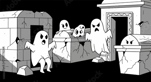 Spooky ghost illustration featuring eerie apparitions amidst weathered tombstones. Graveyard scene with a spooky ghost character in monochrome floating among crumbling, ancient tombstones.