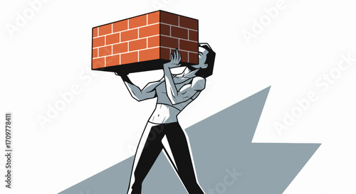 Illustration of carrying burden depicts hard work, strength, and determination, with figure bearing a red brick. Portrayal of carrying burden may illustrate challenges and obstacles.