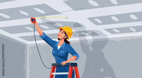 Woman measuring ceiling for renovation project, focused on home renovation. Home renovation includes female engineer using tape measure for interior design.