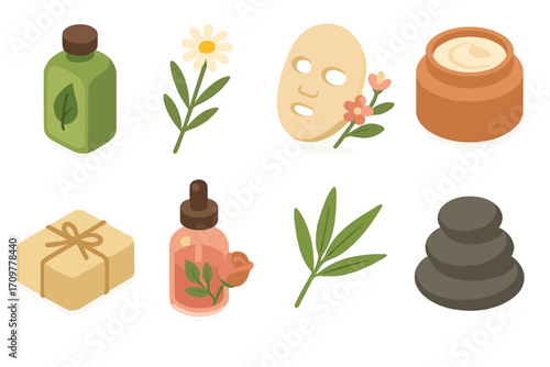 Spa essentials flat icon set. featuring oil, chamomile, mask, cream, soap, essence, leaf, stones