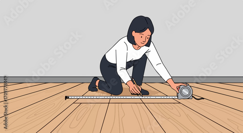 Measuring floor with tape measure shown, mujer arrodillada usando herramienta de medición de piso para proyecto de renovación, woman kneels using measuring floor tool for renovation project.