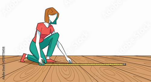 Young woman measuring floor with tape measure for renovation project. Measuring floor dimensions carefully, she plans home improvement, flooring, design and layout in living space.