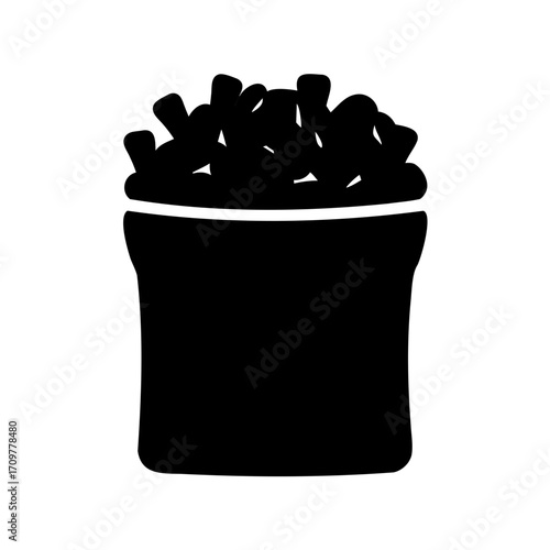 Stylized illustration of a bucket filled with irregular chunks in black silhouette
