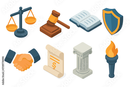 Law and justice flat icons set. featuring scales, gavel, book, shield, handshake, contract, column, torch