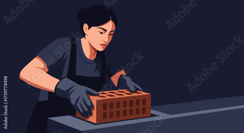 Examining brick in factory, focused woman checks brick for quality in workshop. Woman worker is serious about brick making process. Quality brick production for construction.
