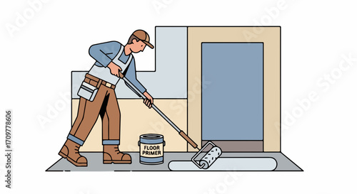 Construction worker painting floor using floor primer to prepare surfaces, floor primer ensures proper adhesion for subsequent coatings.