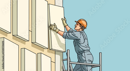 Wall insulation with worker on ladder installing panels against building exterior. Wall insulation improves thermal protection, reducing energy consumption and costs during construction.