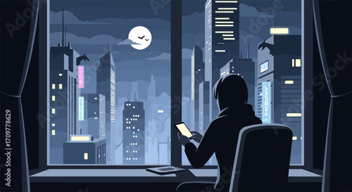 Night city view through a window highlights urban life, person using mobile device. Night city backdrop, person looking at cityscape at night with bright moon and buildings.