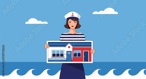 Real estate opportunity shown by a young woman in nautical clothes holding a picture of separate houses. Real estate shown to represent home ownership, investments, and choice,