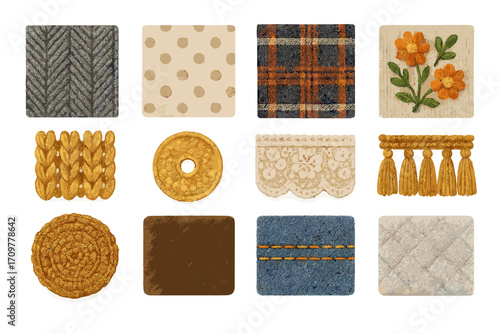 Textile patterns flat icon set. featuring herringbone, polka dot, tartan, floral, braided, circular, lace, tassels