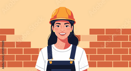 Cartoon construction worker in protective gear smiles near brickwork. Young construction worker posing during break near brickwork construction.