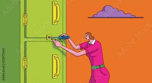 Woman opens freezer filled with colorful illustration in a modern style. Opens freezer for a snack at home in pink clothes, looking forward to something delicious or a simple pleasure.