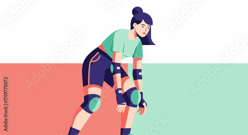 Young woman roller skating, showing energy and movement in sporty attire, is ready for Роликовые коньки.