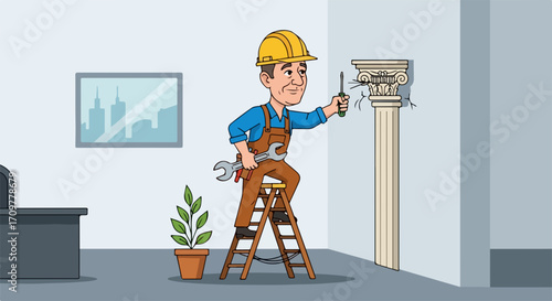 Builder repairs damage on decorative column using screwdriver, representing construction work. Builder fixes architectural feature, showcasing building maintenance in office.