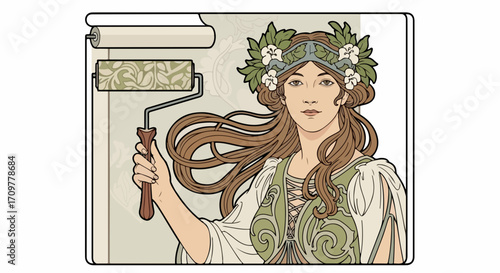 Art nouveau style woman holding paint roller and wearing floral headband in artistic depiction of creative renovation.