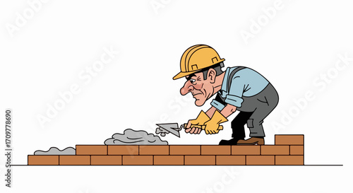 Cartoon worker builds wall with mortar, "Cartoon worker in yellow helmet sets bricks with mortar for wall" scene depicts craftsman working on brick wall.